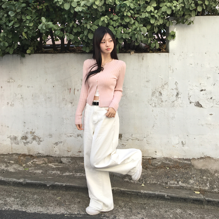 지널 골지 세로 기본 베이직 니트 가디건 핑크