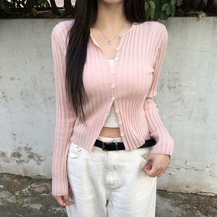 지널 골지 세로 기본 베이직 니트 가디건 핑크