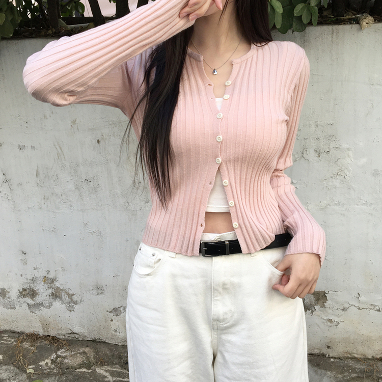 지널 골지 세로 기본 베이직 니트 가디건 핑크