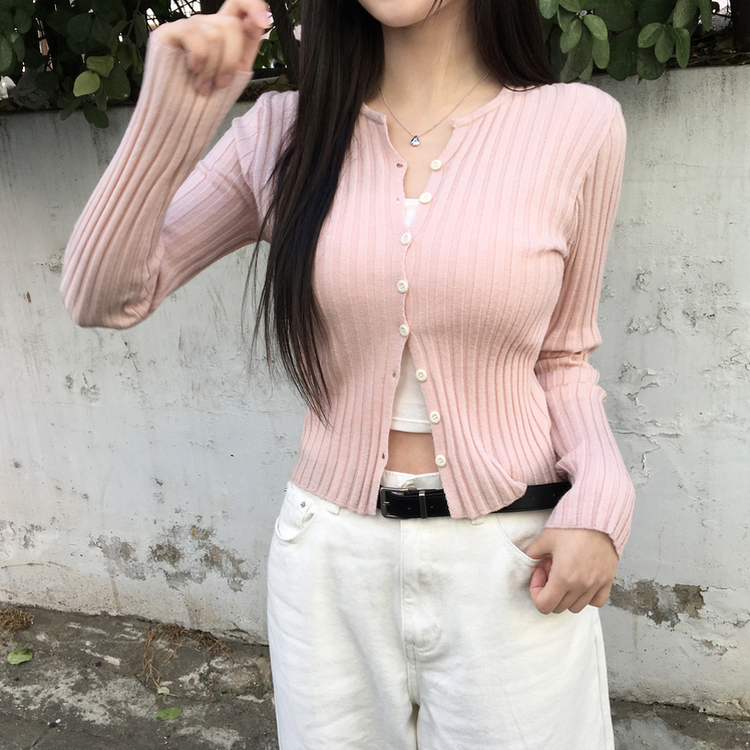 지널 골지 세로 기본 베이직 니트 가디건 핑크