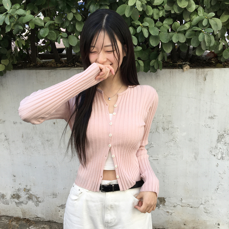 지널 골지 세로 기본 베이직 니트 가디건 핑크