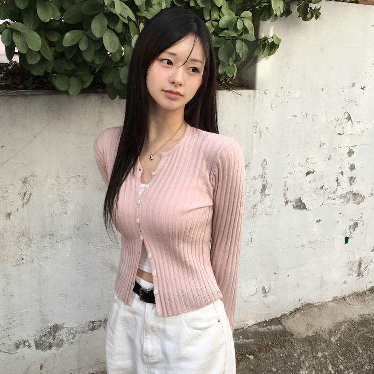 지널 골지 세로 기본 베이직 니트 가디건 핑크