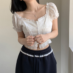 ブラウス 刺繍パンチングフリルパフ袖ブラウス IVORY