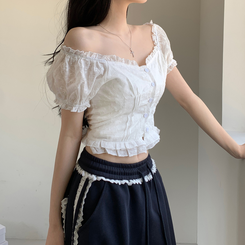 ブラウス 刺繍パンチングフリルパフ袖ブラウス IVORY