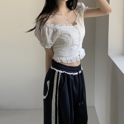 ブラウス 刺繍パンチングフリルパフ袖ブラウス IVORY