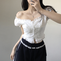 ブラウス 刺繍パンチングフリルパフ袖ブラウス IVORY