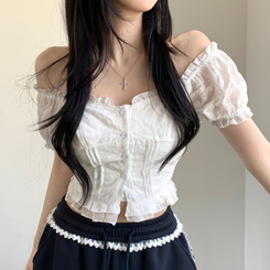 ブラウス 刺繍パンチングフリルパフ袖ブラウス IVORY