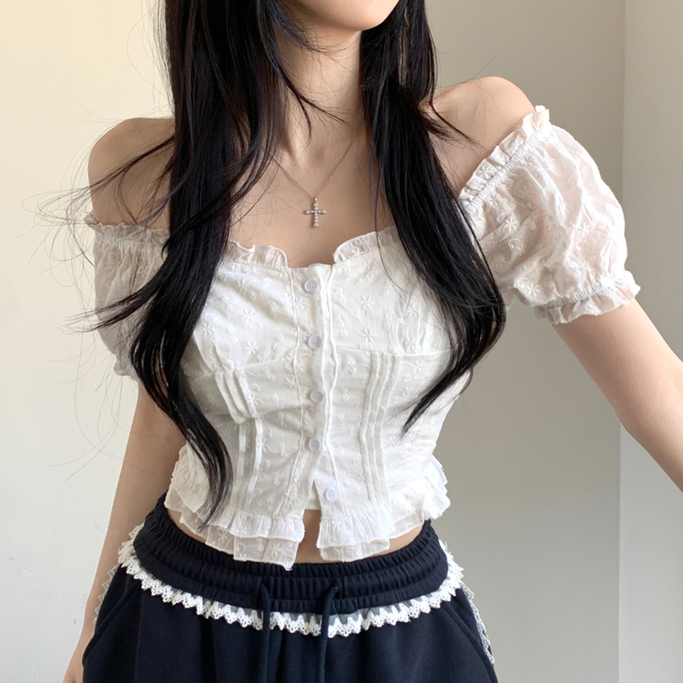 刺繍パンチングフリルパフ袖ブラウス IVORY