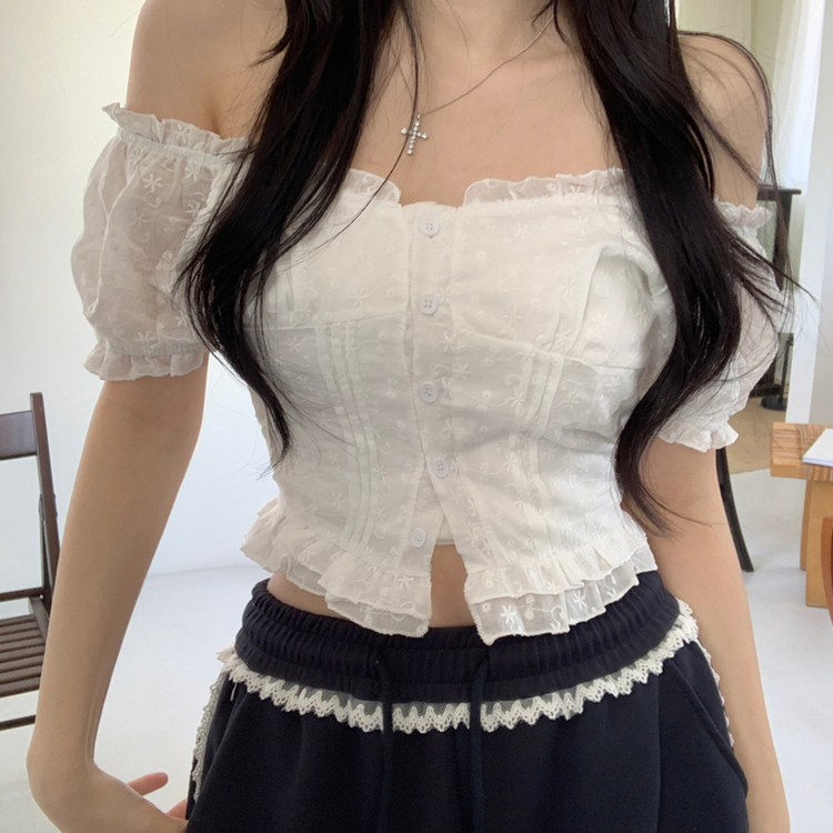 刺繍パンチングフリルパフ袖ブラウス IVORY