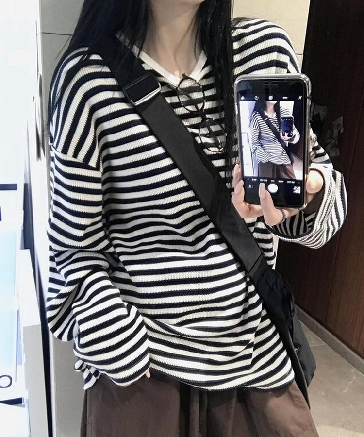 ブライアンワッフルストライプTシャツ NAVY