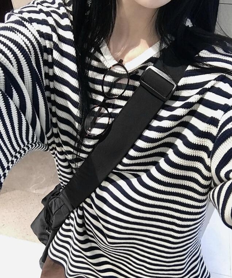ブライアンワッフルストライプTシャツ NAVY