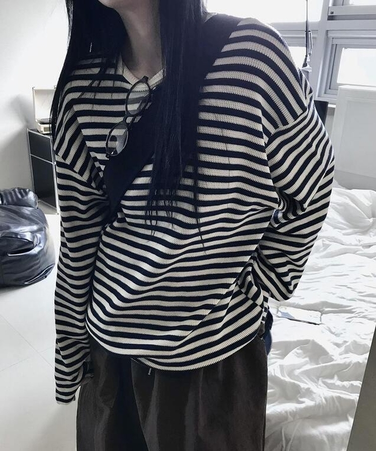 ブライアンワッフルストライプTシャツ NAVY