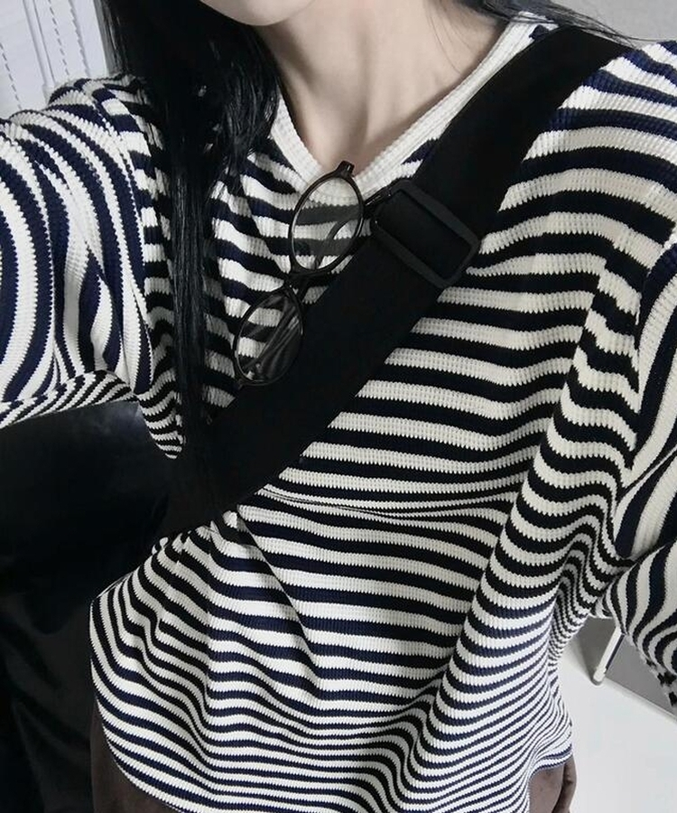 ブライアンワッフルストライプTシャツ NAVY