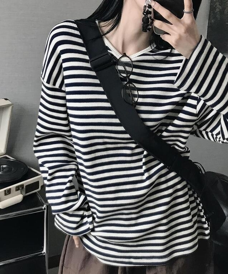 ブライアンワッフルストライプTシャツ NAVY