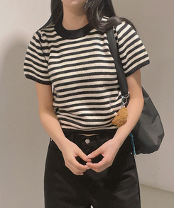ニット ストライプパフ半袖ニット(5color) BLACK