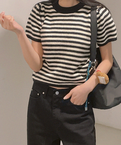 ニット ストライプパフ半袖ニット(5color) BLACK