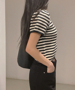 ニット ストライプパフ半袖ニット(5color) BLACK