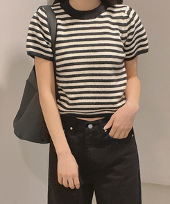 ニット ストライプパフ半袖ニット(5color) BLACK