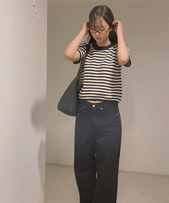 ニット ストライプパフ半袖ニット(5color) BLACK