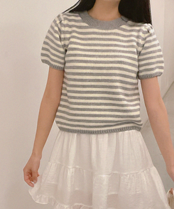 ニット ストライプパフ半袖ニット(5color) GREY