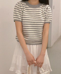 ニット ストライプパフ半袖ニット(5color) GREY
