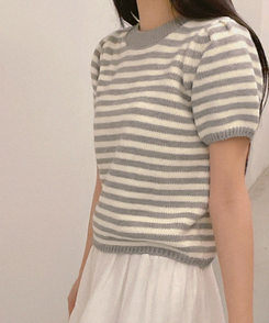 ニット ストライプパフ半袖ニット(5color) GREY