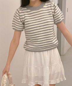 ニット ストライプパフ半袖ニット(5color) GREY