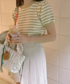 ニット ストライプパフ半袖ニット(5color) BEIGE