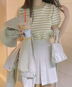 ニット ストライプパフ半袖ニット(5color) BEIGE