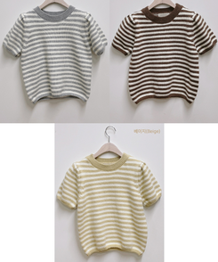 ニット ストライプパフ半袖ニット(5color)