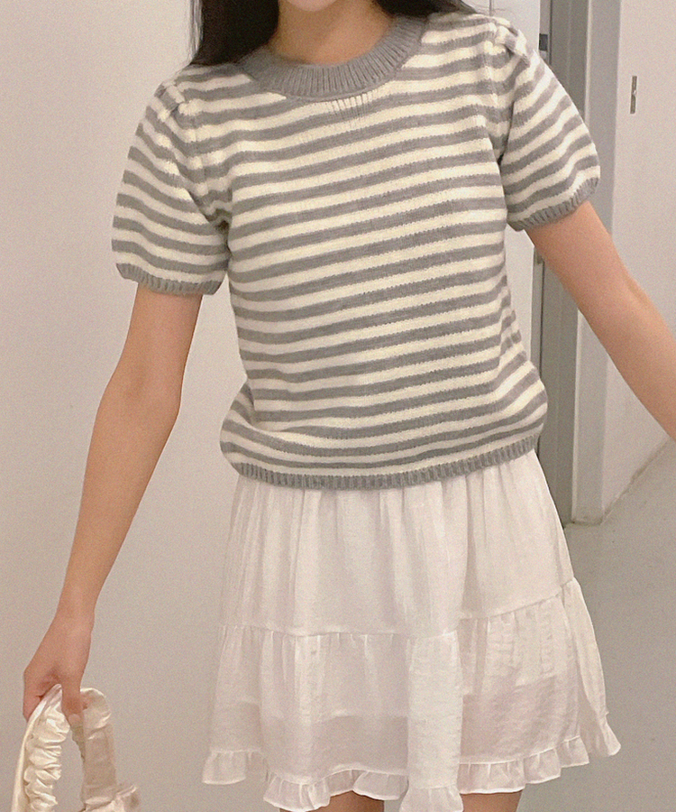 ストライプパフ半袖ニット(5color) GREY