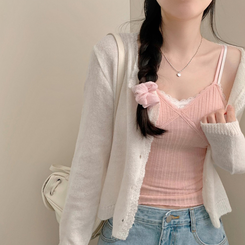 【カップ付き】レースレイヤードキャミソール(7color) PINK