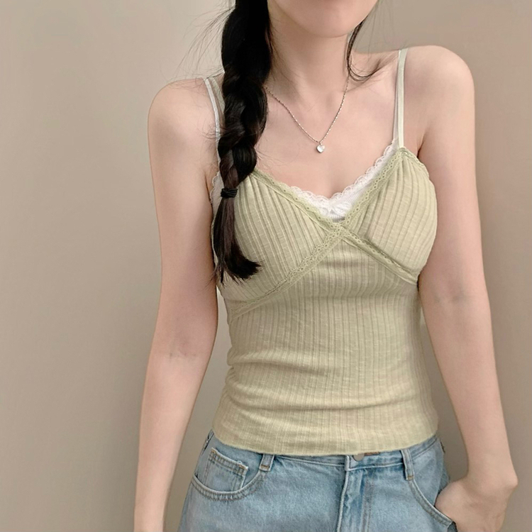 【カップ付き】レースレイヤードキャミソール(7color) GREEN