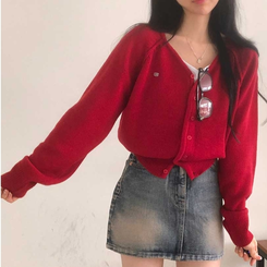 ペンダントVネックカーディガン(6color) RED