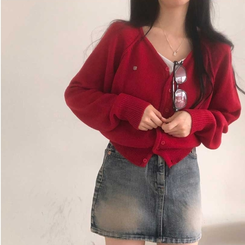 ペンダントVネックカーディガン(6color) RED