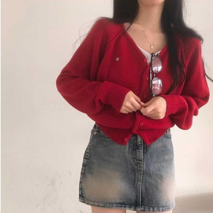 ペンダントVネックカーディガン(6color) RED