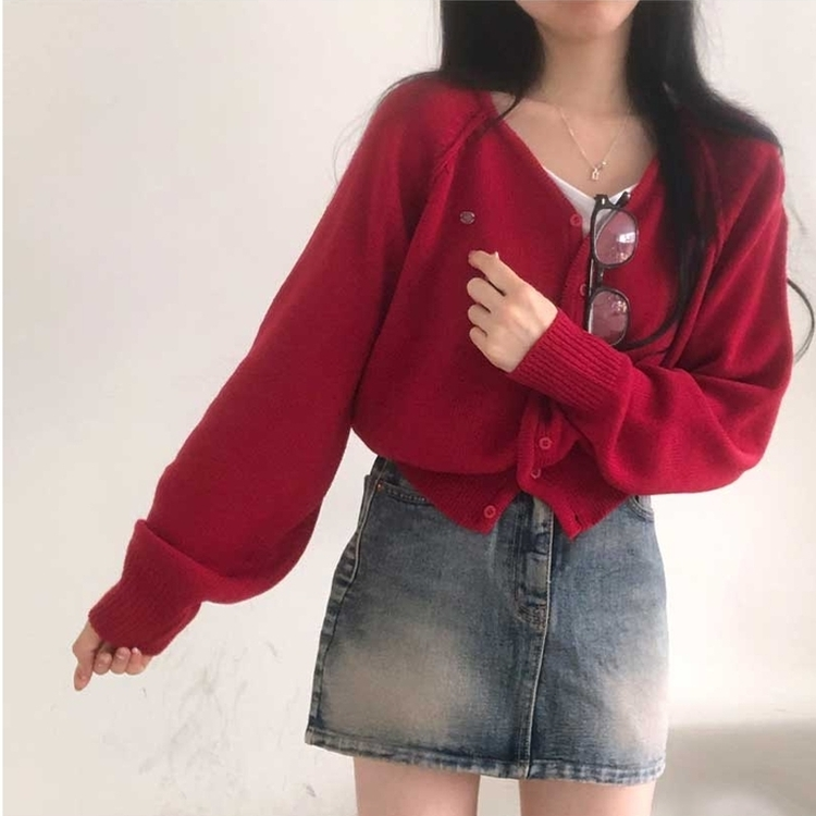 ペンダントVネックカーディガン(6color) RED