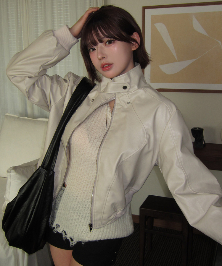 レザークロップラインジャケット IVORY
