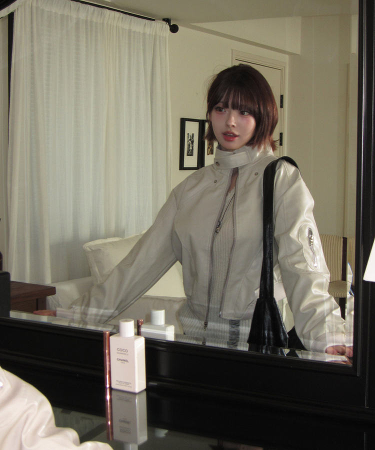 レザークロップラインジャケット IVORY