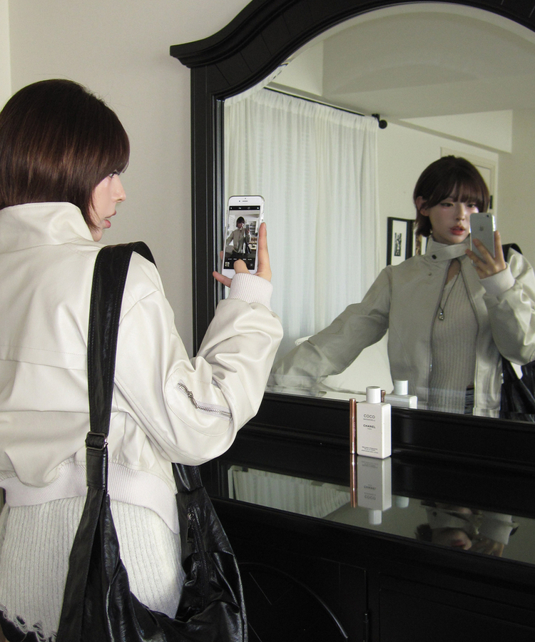 レザークロップラインジャケット IVORY