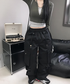 コットンパンツ バックルバンディングカーゴパンツ BLACK