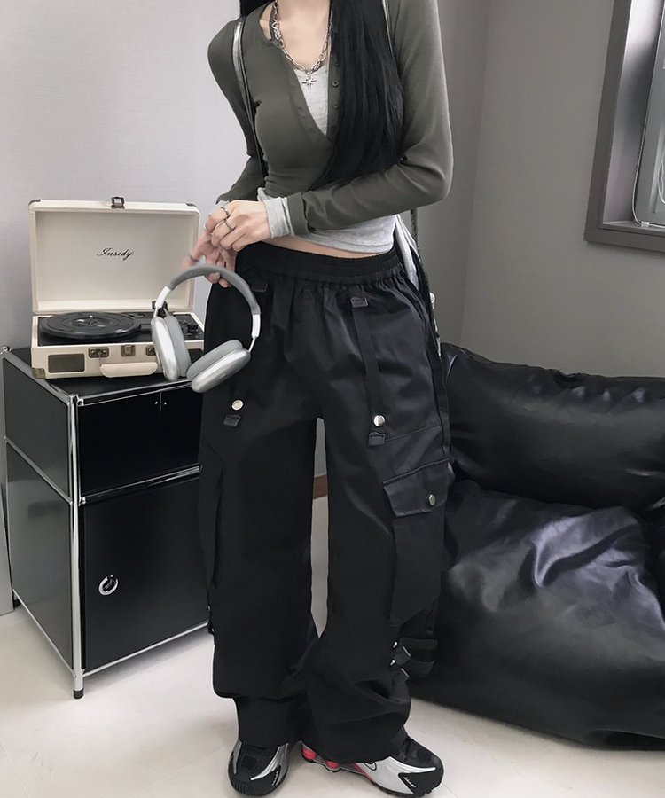 コットンパンツ バックルバンディングカーゴパンツ BLACK