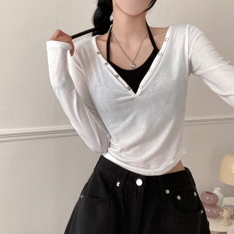 브릿 배색 스냅버튼 홀터넥 일체형 긴팔 티셔츠 화이트