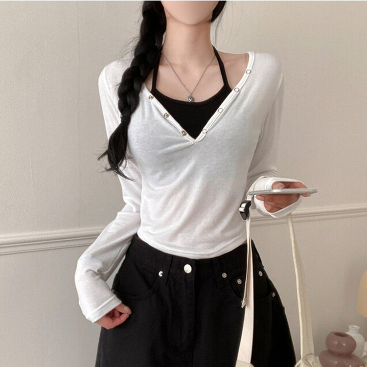 브릿 배색 스냅버튼 홀터넥 일체형 긴팔 티셔츠 화이트