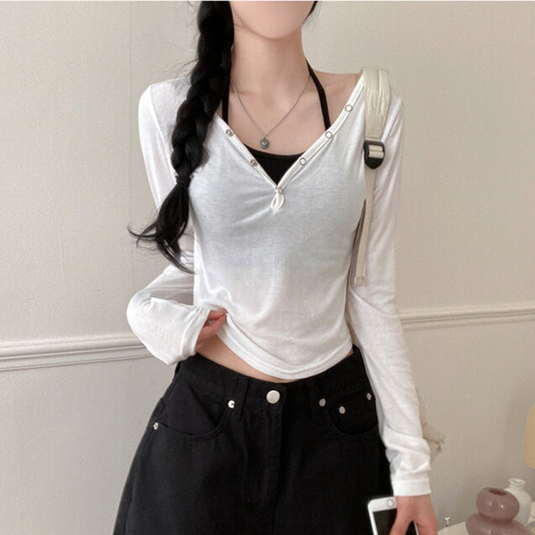 브릿 배색 스냅버튼 홀터넥 일체형 긴팔 티셔츠 화이트