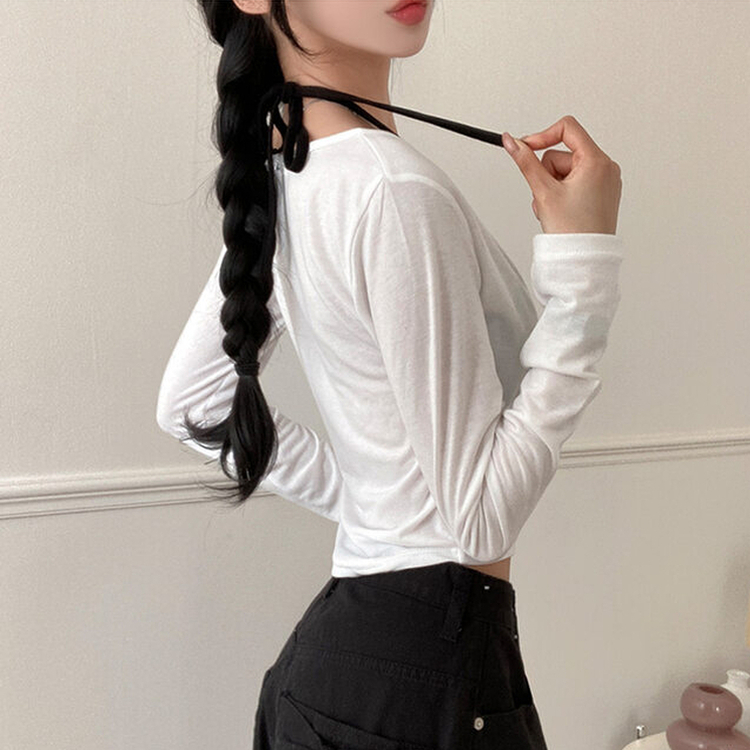 브릿 배색 스냅버튼 홀터넥 일체형 긴팔 티셔츠 화이트