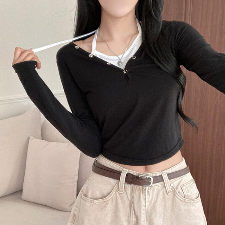 브릿 배색 스냅버튼 홀터넥 일체형 긴팔 티셔츠 블랙