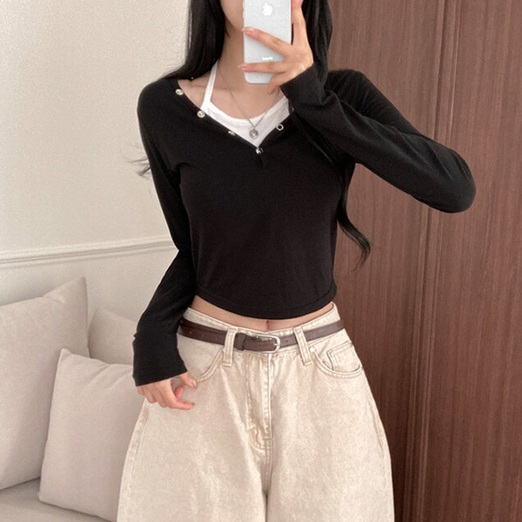 브릿 배색 스냅버튼 홀터넥 일체형 긴팔 티셔츠 블랙