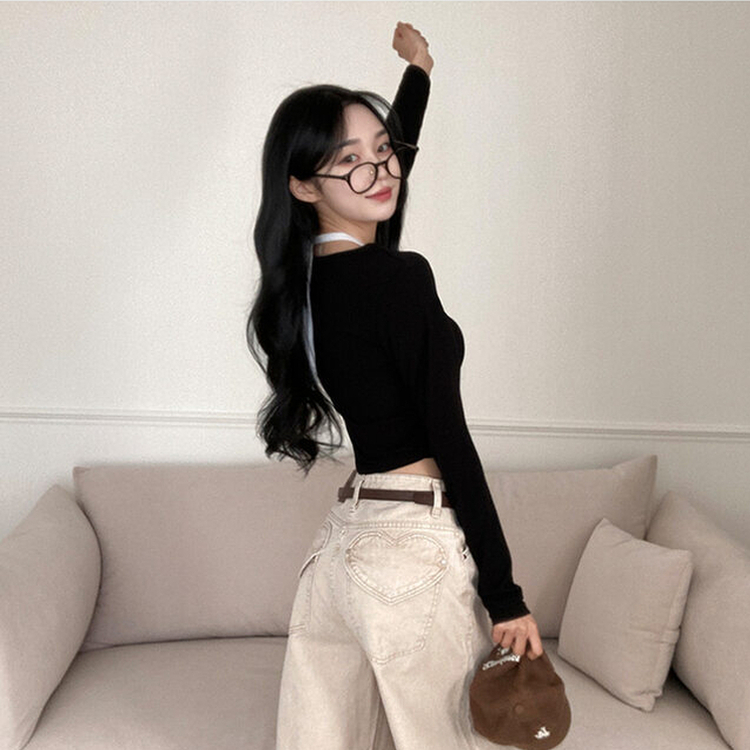 브릿 배색 스냅버튼 홀터넥 일체형 긴팔 티셔츠 블랙