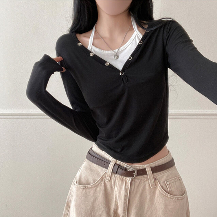 브릿 배색 스냅버튼 홀터넥 일체형 긴팔 티셔츠 블랙